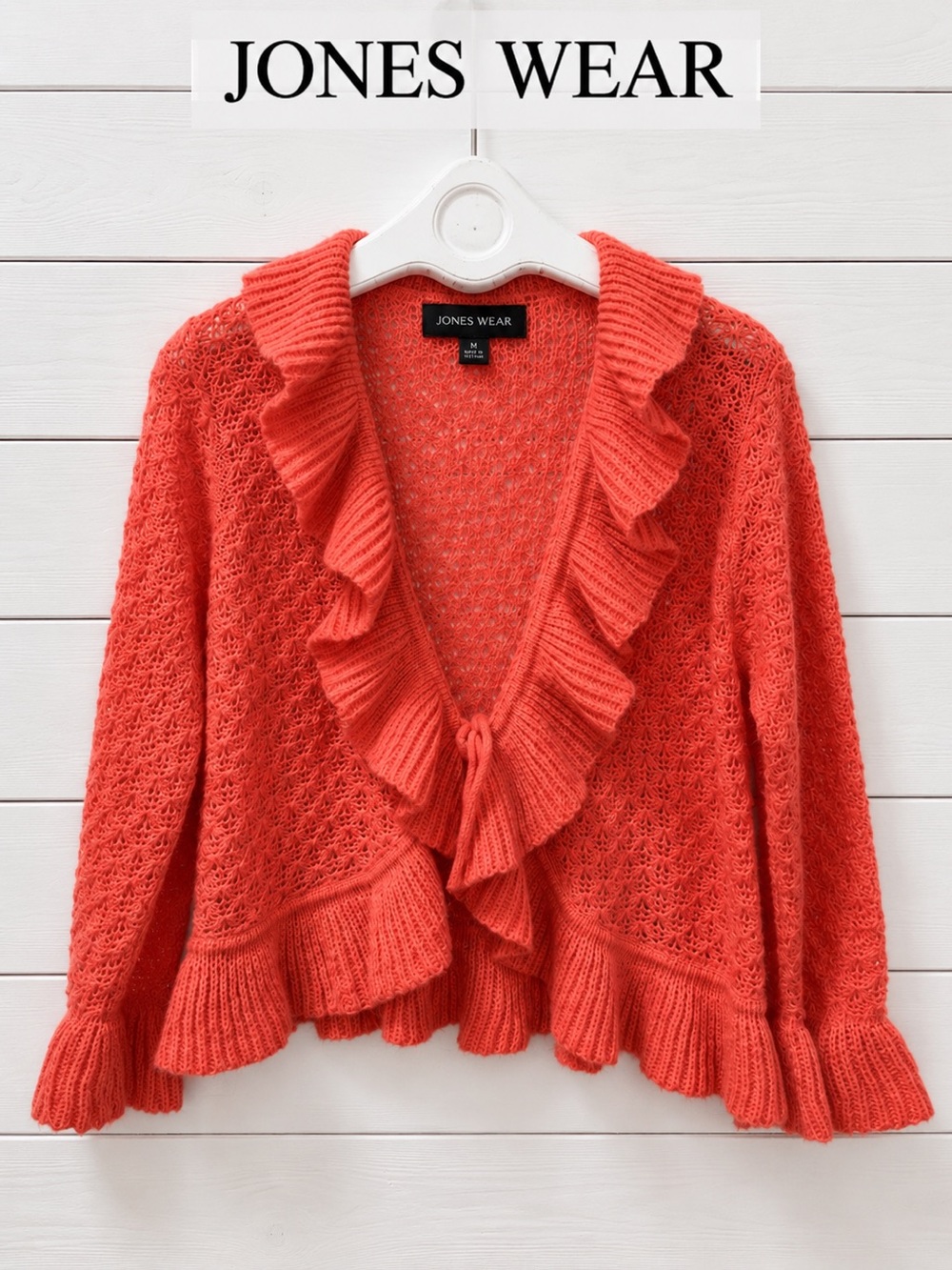 Jones Wear Ruffle Open-Knit Cardigan – Coral – Size M